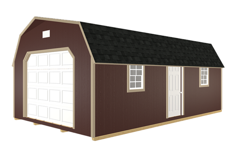 Premade garage in dark brown with beige trim.
