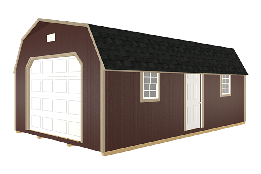 Premade garage in dark brown with beige trim.
