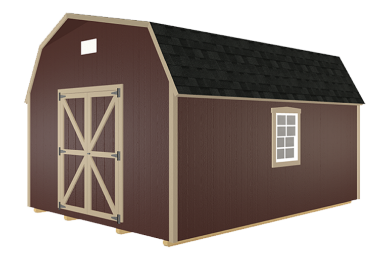 Deluxe barn storage shed in dark brown with beige trim.