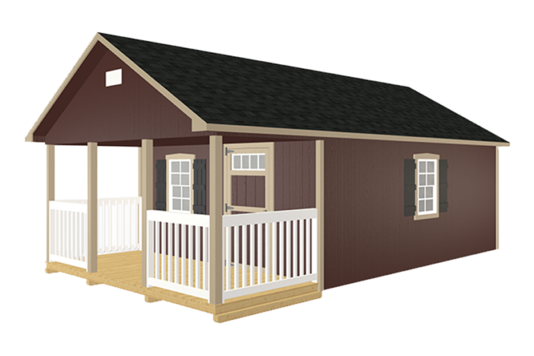 Lancaster/ Prefabricated cabin in dark brown with beige trim.