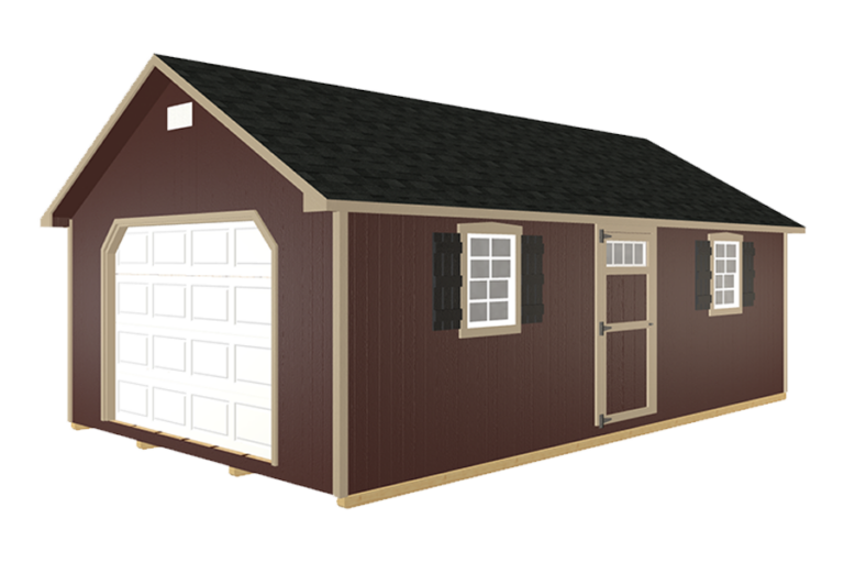 Prefabricated garage in dark brown with beige trim.