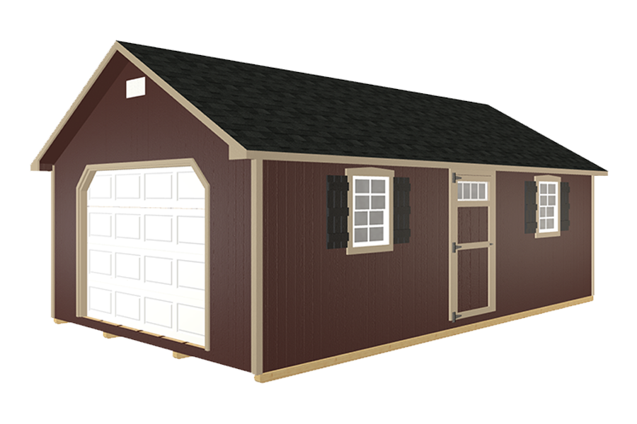 Prefabricated garage in dark brown with beige trim.
