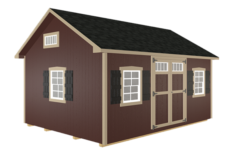 Brown with light tan Lancaster outdoor shed.