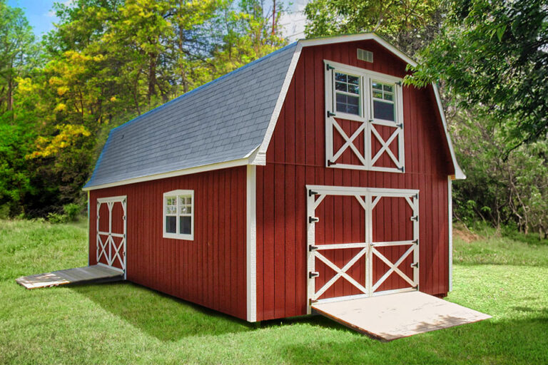 Sheds in Bowling Green KY: Red two-story storage shed with white trim.